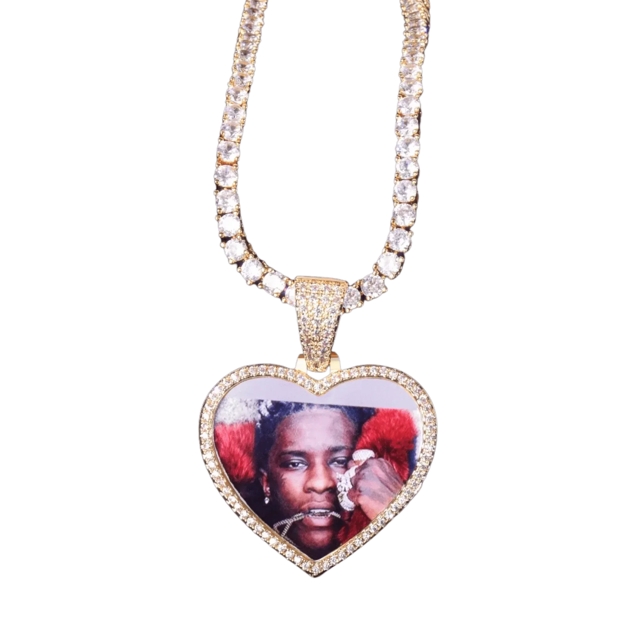 Heart Tennis Bail Solid Back Custom Photo Pendant Necklace – Iced Out Hip Hop Jewelry - CaratixJewelry